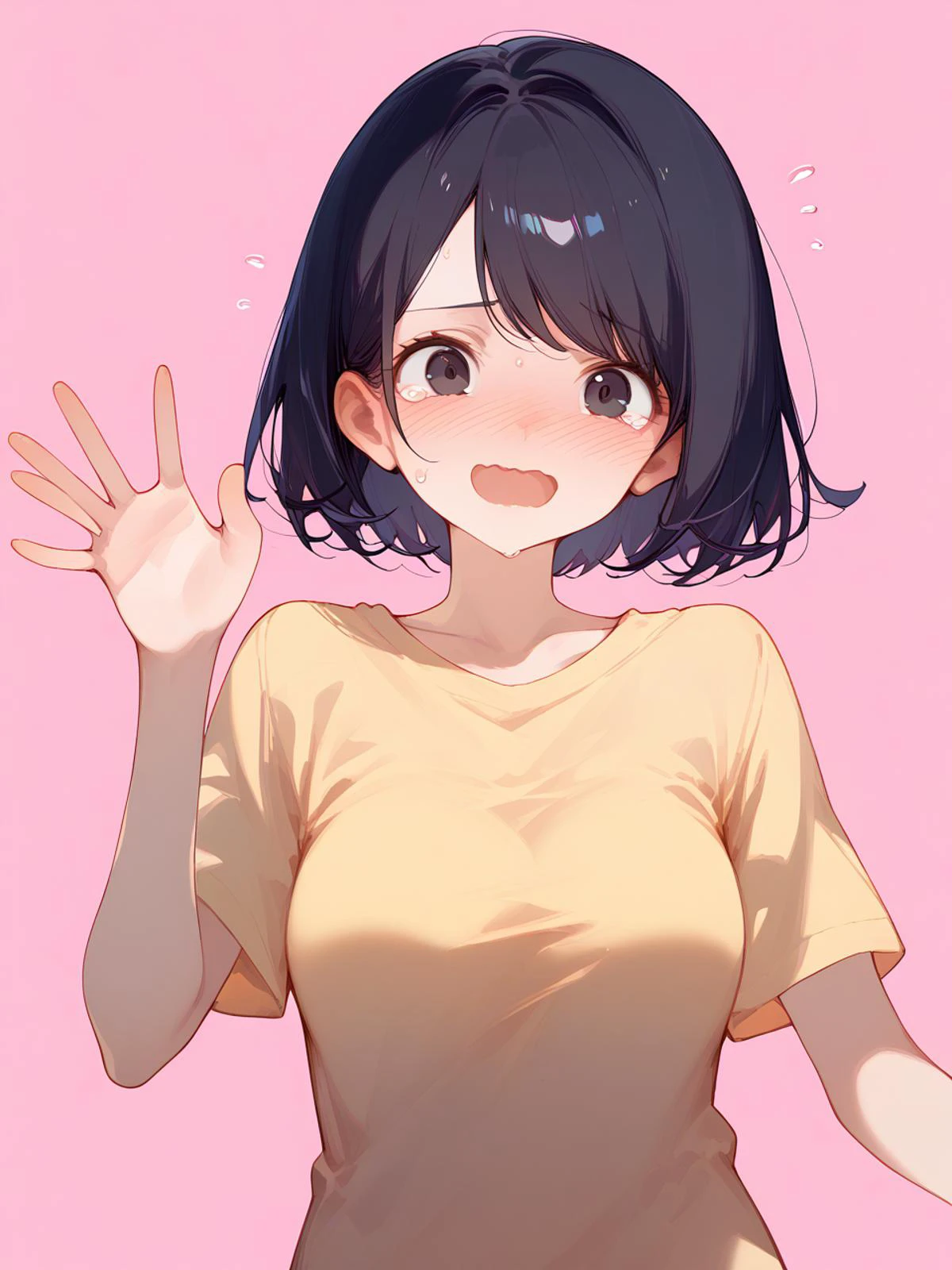 1girl,
score_9, score_8_up, score_7_up, open mouth, short sleeves, yellow shirt, scared, upper body, ^_^, sweat, shirt, black eyes, closed eyes, reference sheet, bob cut, looking at viewer, t-shirt, smile, expressions, d:, collarbone, :o, waving, simple background, tearing up, wavy mouth, :d, flying sweatdrops, pink background, breasts, nose blush, short hair, medium breasts, black hair, trembling, solo, tears, swept bangs, blush