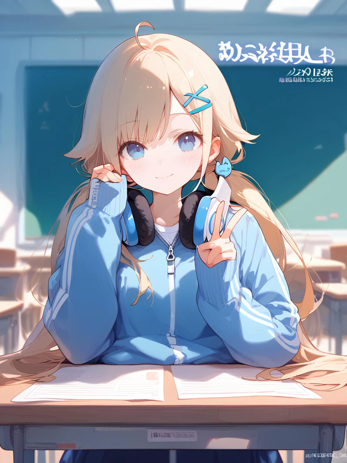 1girl,
score_9, score_8_up, score_7_up, headphones around neck, sleeves past fingers, cat hair ornament, looking at viewer, track jacket, blue jacket, hands up, v, blush, closed mouth, artist name, table, headphones, hand on headphones, hairclip, blurry, hair ornament, blonde hair, whiteboard, sleeves past wrists, jacket, depth of field, indoors, low twintails, ahoge, upper body, x hair ornament, blurry background, zipper pull tab, double horizontal stripe, classroom, long sleeves, twintails, long hair, solo, blue eyes, double vertical stripe, smile