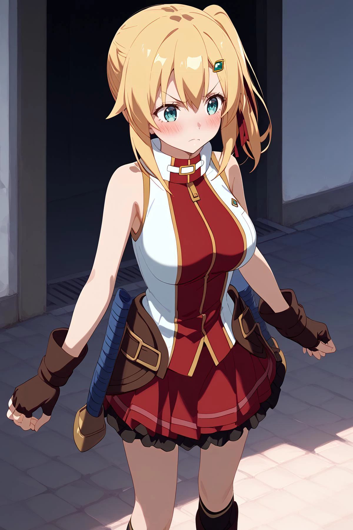 score_9, score_8_up, score_7_up, source anime, prefect lighting, very aesthetic, anime screencap, anime coloring,
<lora:emma_brightness_v2-pdv6:1>, 1girl, emma brightness, ore dake haireru kakushi dungeon, blonde hair, blue eyes, short hair, hair ribbon, side ponytail, hairclip, large breasts, emmaout, red skirt, fingerless gloves, sleeveless, boots, black socks, blush, angry,
BREAK, cowboy shot,