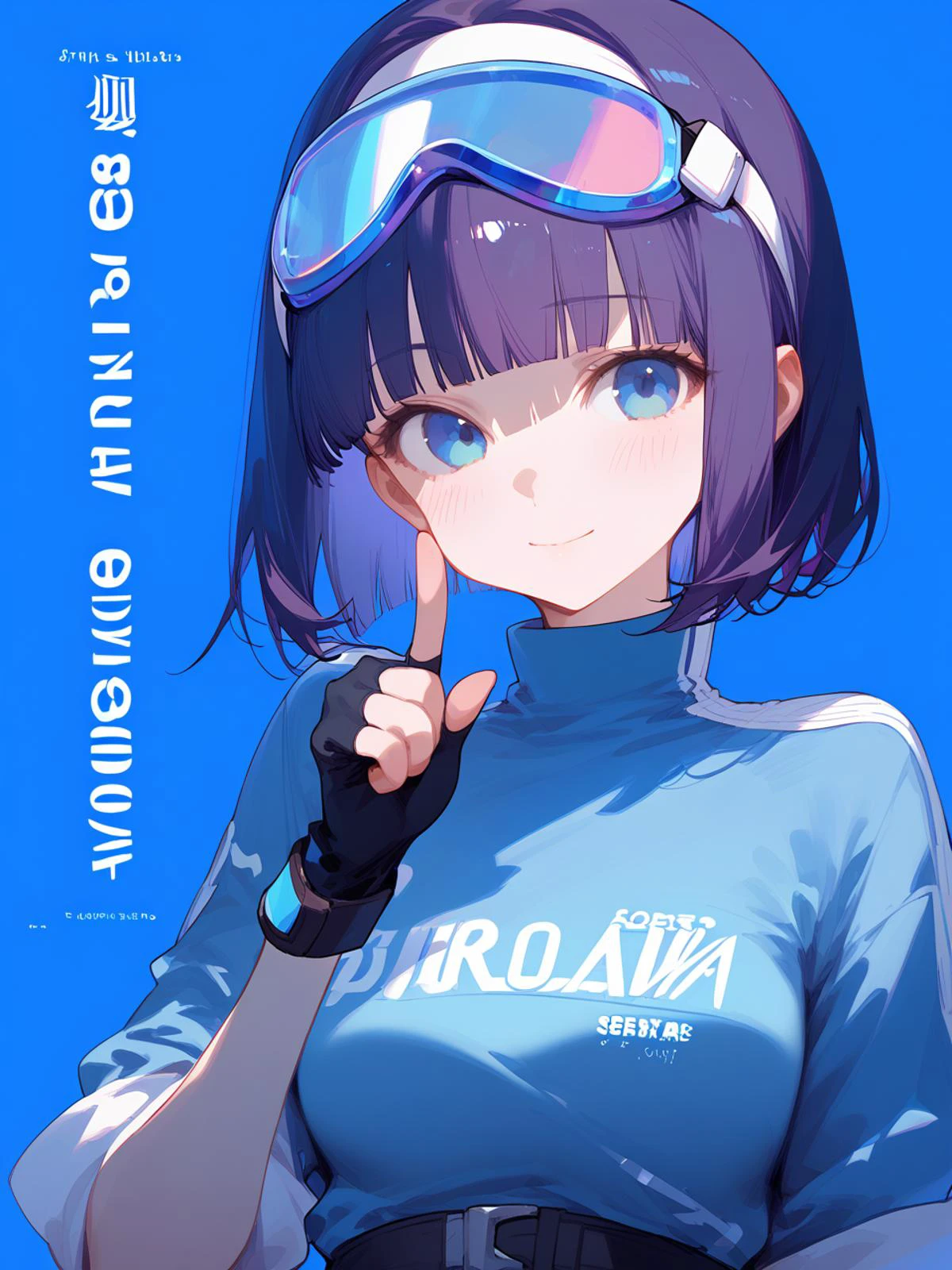 1girl,
score_9, score_8_up, score_7_up, simple background, hand up, looking at viewer, :3, character name, index finger raised, blush, purple hair, closed mouth, bob cut, artist name, goggles on head, tinted eyewear, pink-framed eyewear, white hairband, blue background, dated, goggles, sleeves rolled up, high collar, black gloves, fingerless gloves, upper body, blue-tinted eyewear, english text, blunt bangs, long sleeves, short hair, cropped torso, multicolored shirt, solo, copyright name, hairband, blue eyes, gloves, smile
