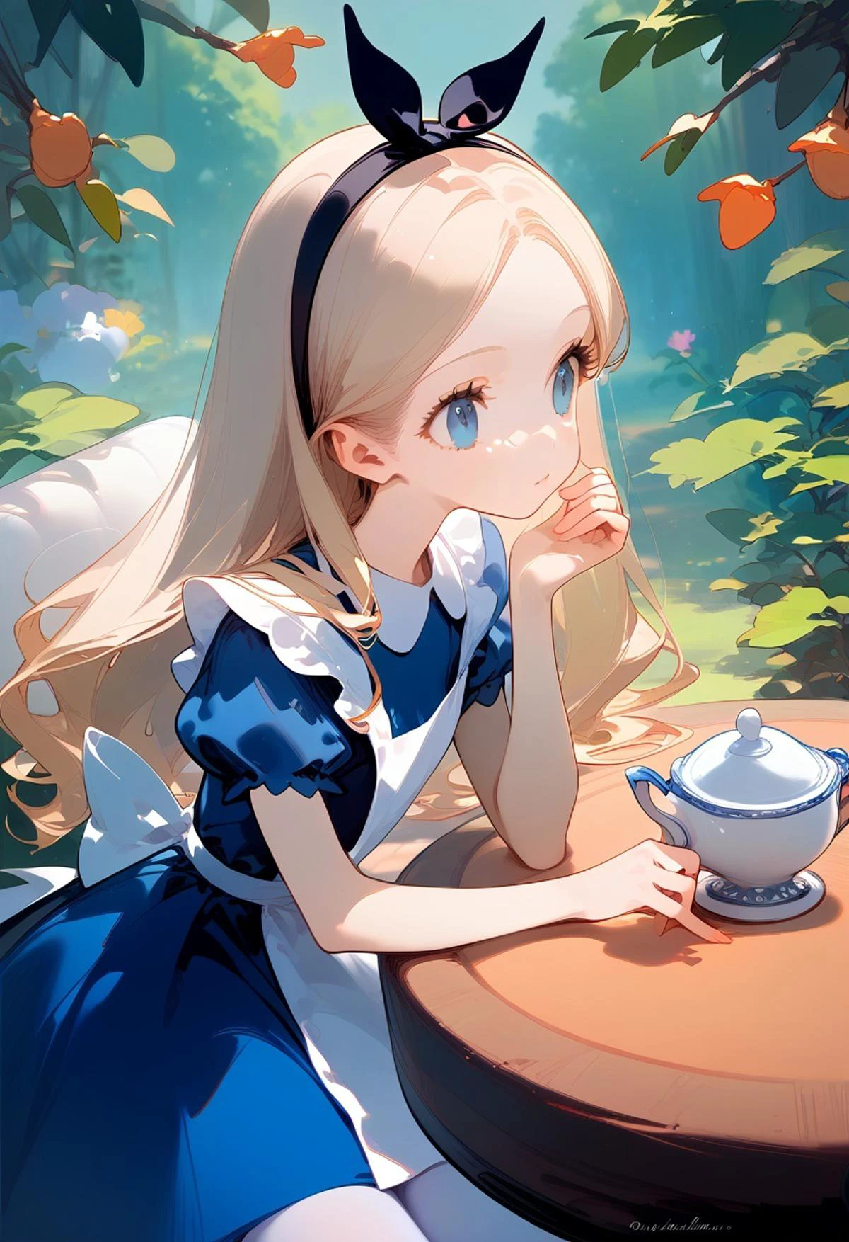 1girl, human, female, solo, score_9, score_8_up, score_7_up, source_anime, best quality, outdoors,
fantasy, fairy forest colorful details, tea, table, drink me,
<lora:lora_YamiStyle_xl_v1_pony:0.2> <lora:AliceInWonderlandXLPony_character:1> AliceWaifu, blue eyes, blue dress, white pantyhose, apron, black hairband, blonde,