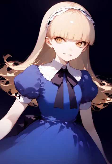 1girl, human, female, solo, score_9, source_anime, best quality, 
<lora:zs_AliceXL:1> alicesmt, dress, long hair, blonde hair, hairband, blunt bangs, puffy sleeves, blue dress, yellow eyes, standing,
mouth closed, evil grin, evil, creepy, horror,