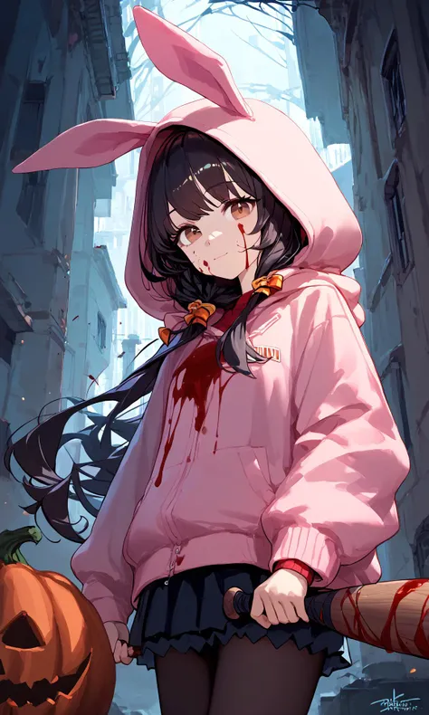 score_9, score_8_up, score_7_up, score_6_up, masterpiece, best qualiity, highres,
feng min, 1girl, animal hood, brown eyes, (black hair:1.2), closed mouth, hood, hood up, hoodie, long hair, bunny hoodie, animal hood, floppy ears, looking at viewer, pink hoodie, smile, solo, halloween, building, pumpkin, blood on face, blood on clothes,skirt, black pantyhose, baseball bat, holding weapon, blood on weapon, boarded windows, ruins,