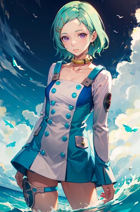 <lora:eureka:1> 1girl, purple eyes, aqua hair, short hair, hairclip, hair ornament, thigh pouch, thigh holster, collarbone, collar, buttons, dress,, absurdres, ultra detailed, masterpiece, best quality, aesthetic, detailed,