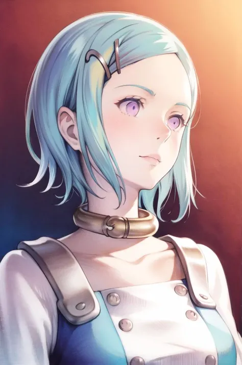 1girl, solo, short hair, hair ornamen, purple eyes, hairclip, aqua hair,  collarbone, collar, buttons, dress, <lora:eureka:0.8>,  <lora:akihikoYoshidaBravelyDefault_1:0.6>