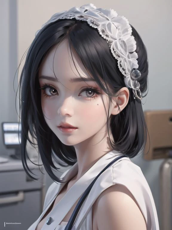 a girl portrait at Hospital, detailed intricate, eyelashes, lips, <lora:wlopStyleLora_30Epochs:0.6>