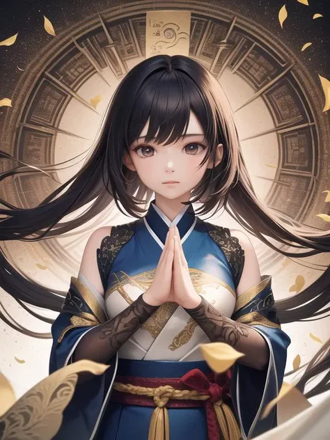 a girl with a lot of flying swords surround, hanfu, hyper detailed intricate, floating leafs petals, epic, yin yang, mana, perfect hands