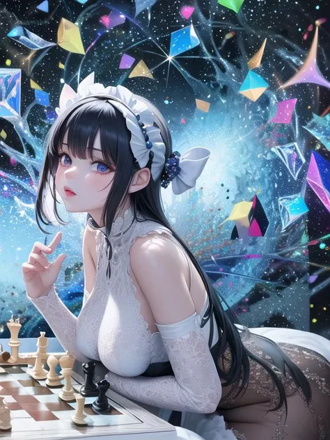 a girl playing (chess:1.2), intricate epic, magic aura, concept art, mana sparkle background, portrait, queen