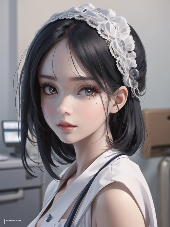 a girl portrait at Hospital, detailed intricate, eyelashes, lips, <lora:wlopStyleLora_30Epochs:0.6>