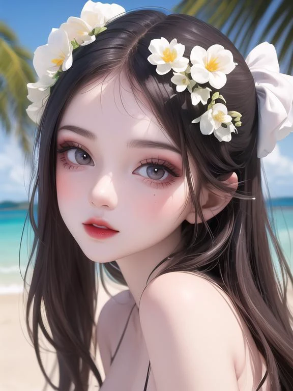 a girl portrait at Deserted Island, detailed intricate, eyelashes, red lips, fashi-girl, makeup, <lora:fashionGirl_v50:.7>,