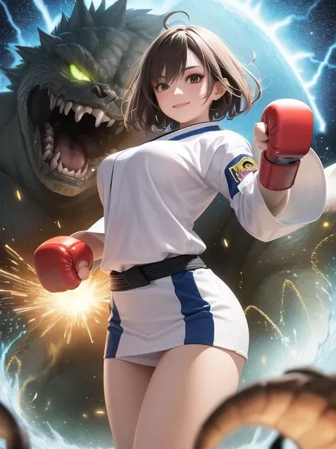 karate uniform girl standing again giant monster, epic atmosphere, hyper detailed intricate, aura, particles, thunder, sparkle, evil smile, serious, (punch:1.1), floating hair, short messy hair, aura, (portrait:0.8)
