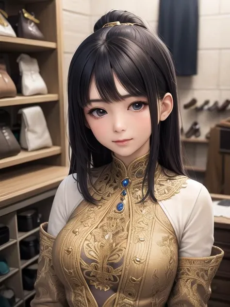 a girl portrait at Tailor's Shop, detailed intricate, krface, <lora:krStyleGameCharacter_v10:0.2>
