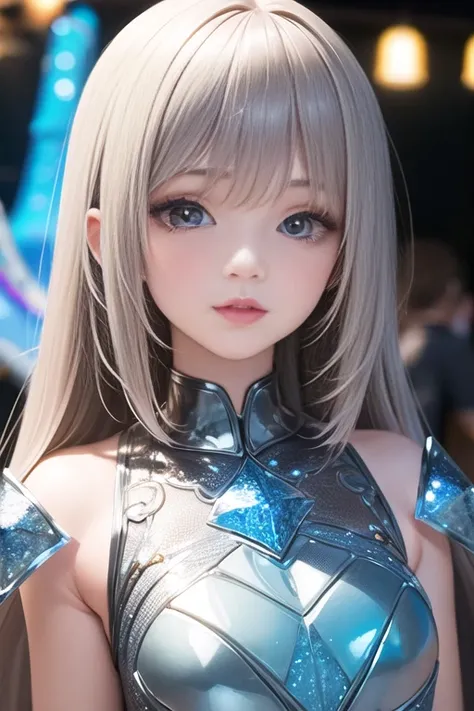 a girl wear (crystal:1.2) dress armor at amusement park, portrait, eyelashes, lips,