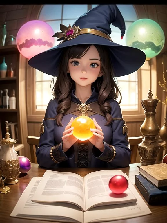 1girl, a witch with potions in her room, epic intricate, game concept art, colorful, crystal orb,