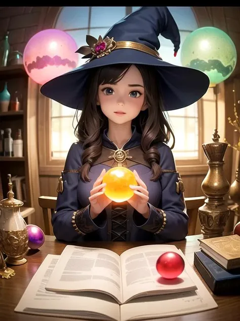 1girl, a witch with potions in her room,  epic intricate, game concept art, colorful, crystal orb,