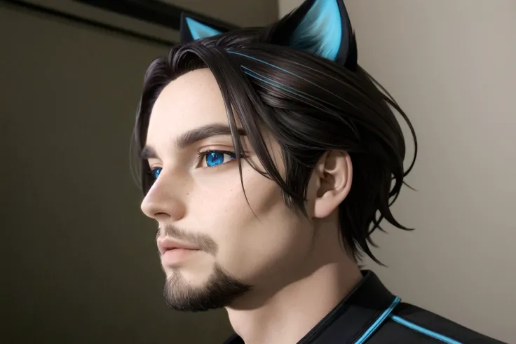 <lora:Maverick%20Ellis%20Rowe:.7> solo, male focus, animal ears, 1boy, blue eyes, cat ears, looking at viewer, freckles, stubble, brown hair, facial hair, neon futuristic, octane render, cinematic lighting, dynamic angle,
