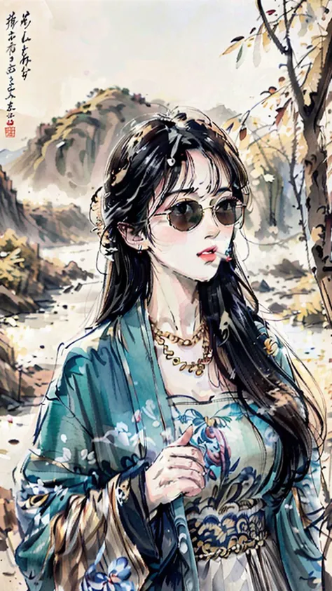 traditional chinese ink painting<lora:Moxin_10:0.7>,flower,butterflies fluttering, grass,dawn,near the lake,waterfall, bamboo forest,mountain rocks, orchids,shukezouma<lora:Shukezouma-1.1:0.3>,
Nova,playing,curious and lively facial expression, wearing hanfu,[(((Sunglasses,holding rifle, cigarettes, gold chains,thumbs)))],willow branches swaying gently, sunlight filtering through the canopy,(masterpiece, best quality:1.2, high quality, stunning),