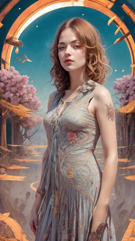 full body,from everywhere,(style of richard deacon), formal wear android,1girl,a beautiful girl in a colourful dress with colourful intricate tattoos surrounded by colourful patterns,(Luminous burning hair:1.2), realistic fantasy, extremely detailed and beautiful , 8 k resolution, <lyco:gpts4 lite dreamwave_278580:1.0>