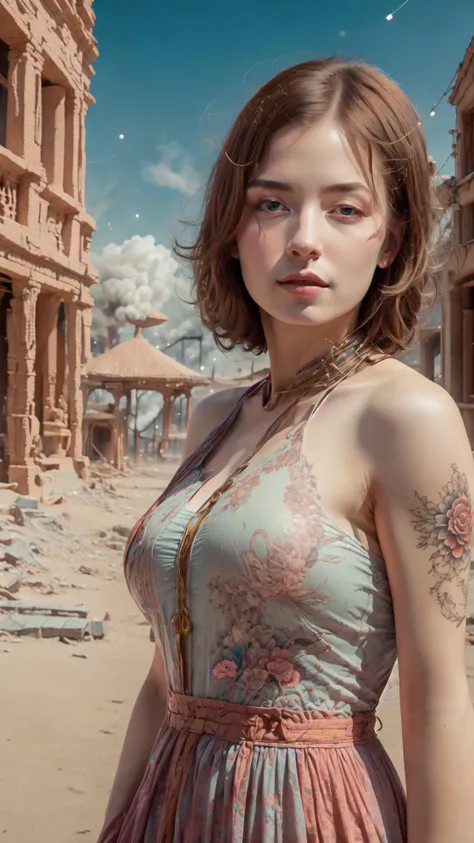 full body,from everywhere,(style of richard deacon), formal wear  android,1girl,a  beautiful girl in a colourful dress with colourful intricate tattoos surrounded by colourful patterns,(Luminous burning hair:1.2),  realistic fantasy, extremely detailed and beautiful , 8 k resolution, <lyco:gpts4 lite dreamwave_278580:1.0>