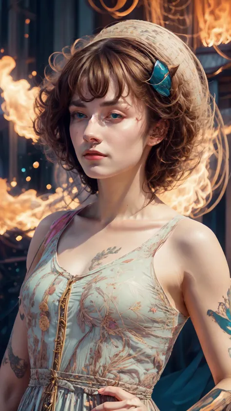 full body,from everywhere,(style of richard deacon), formal wear android,1girl,a beautiful girl in a colourful dress with colourful intricate tattoos surrounded by colourful patterns,(Luminous burning hair:1.2), realistic fantasy, extremely detailed and beautiful , 8 k resolution, <lyco:gpts4 lite dreamwave_278580:1.0>