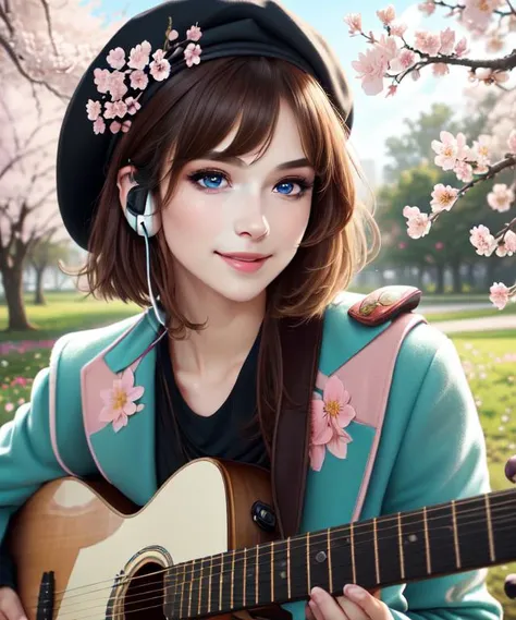 (masterpiece),(best quality),(ultra-detailed), (full body:1.3), 
Nova,1girl,solo,(child:1.6),chibi,cute, smile, open mouth, flower, outdoors, playing guitar, music, beret, holding guitar, jacket, blush, tree, :3, shirt, short hair, cherry blossoms, green headwear, blurry, brown hair, blush stickers, long sleeves, bangs, headphones, black hair, pink flower, (beautiful detailed face), (beautiful detailed eyes),