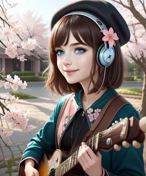 (masterpiece),(best quality),(ultra-detailed), (full body:1.3),
Nova,1girl,solo,(child:1.6),chibi,cute, smile, open mouth, flower, outdoors, playing guitar, music, beret, holding guitar, jacket, blush, tree, :3, shirt, short hair, cherry blossoms, green headwear, blurry, brown hair, blush stickers, long sleeves, bangs, headphones, black hair, pink flower, (beautiful detailed face), (beautiful detailed eyes),