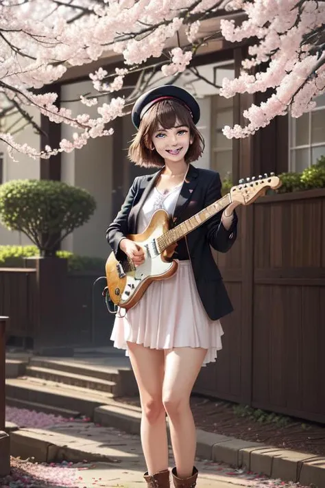 (masterpiece),(best quality),(ultra-detailed), (full body:1.5),
Nova,1girl,solo,(a child),chibi,cute, smile, open mouth, flower, outdoors, playing guitar, music, beret, holding guitar, jacket, blush, tree, :3, shirt, short hair, cherry blossoms, green headwear, blurry, brown hair, blush stickers, long sleeves, bangs, headphones, black hair, pink flower, (beautiful detailed face), (beautiful detailed eyes),