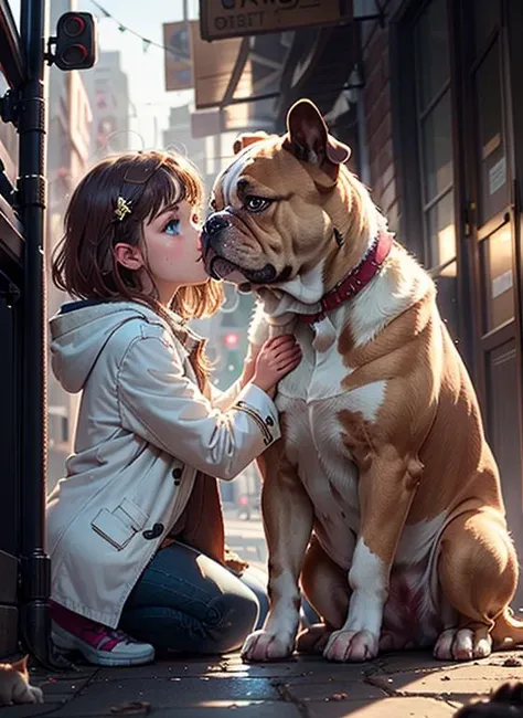 intricate details,((cinematic light)),
Nova,solo,a \(girl\) with white coat,play with a \(bulldog\) on the street, 2cats \(calico cat and white cat\) are watching them.