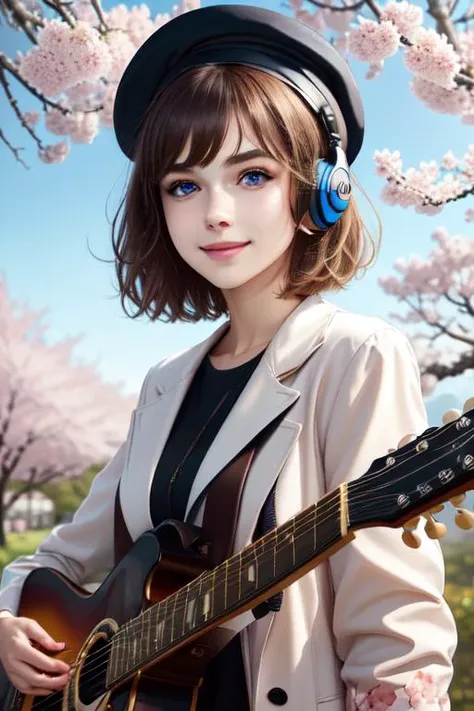 (masterpiece),(best quality),(ultra-detailed), (full body:1.5),
Nova,1girl,child,solo,chibi,cute, smile, open mouth, flower, outdoors, playing guitar, music, beret, holding guitar, jacket, blush, tree, :3, shirt, short hair, cherry blossoms, green headwear, blurry, brown hair, blush stickers, long sleeves, bangs, headphones, black hair, pink flower, (beautiful detailed face), (beautiful detailed eyes),