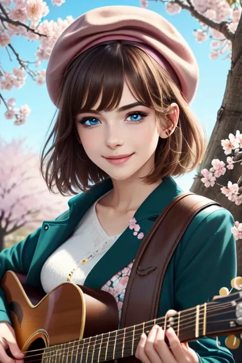 (masterpiece),(best quality),(ultra-detailed), (full body:1.2), 
Nova,1childl,chibi,cute, smile, open mouth, flower, outdoors, playing guitar, music, beret, holding guitar, jacket, blush, tree, :3, shirt, short hair, cherry blossoms, green headwear, blurry, brown hair, blush stickers, long sleeves, bangs, headphones, black hair, pink flower, (beautiful detailed face), (beautiful detailed eyes),