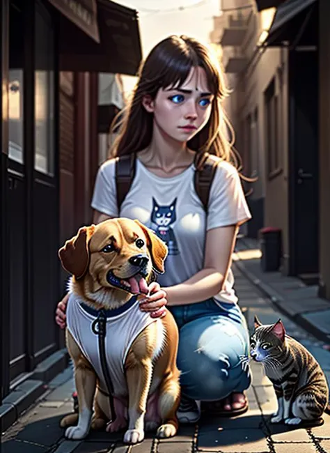 intricate details,((cinematic light)),
street,1girl play with pets,
BREAK
Nova,solo,a \(girl\) with white t-shirt,
BREAK
pets \(1cat and 1dog\),