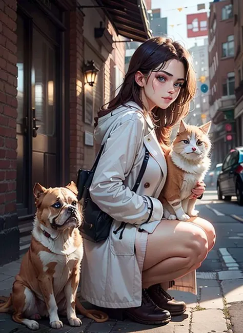 intricate details,((cinematic light)),
1girl play with pets on the street,
BREAK
Nova,solo,a \(girl\) with white coat,
BREAK
pets \(2 calico cats and 1 white cat\),
BREAK
pet \(1 bulldog\)