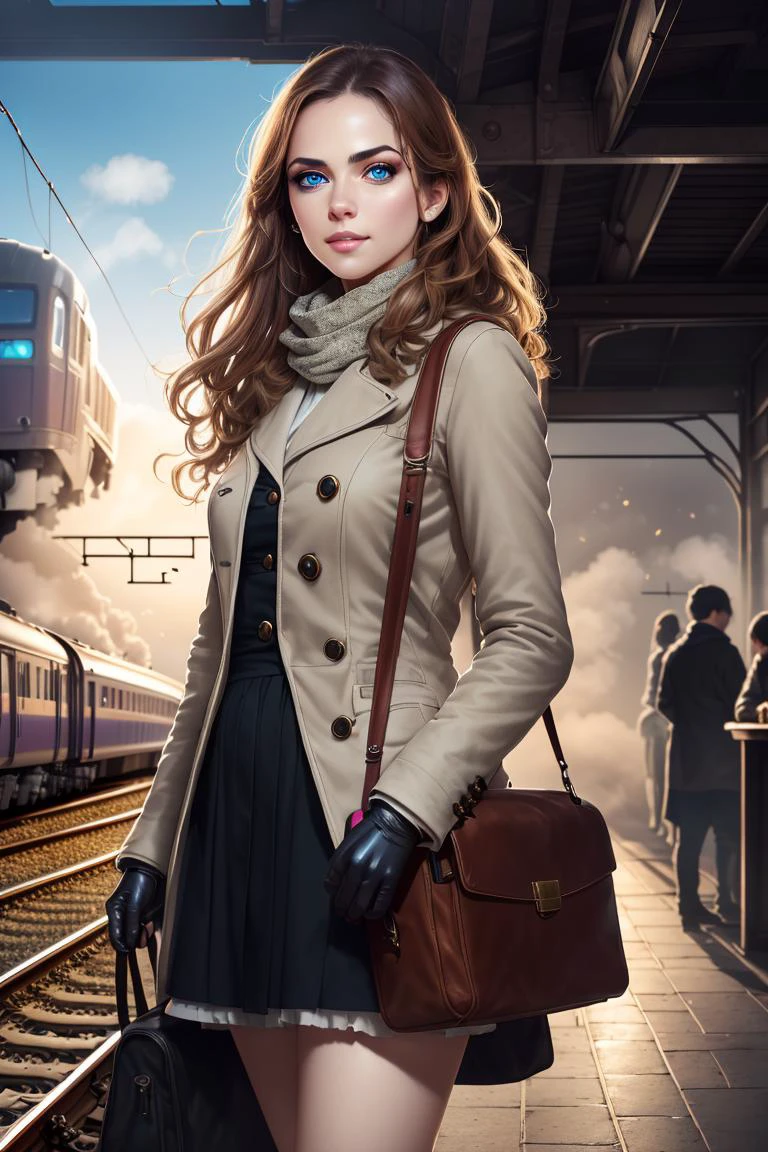 tcg artwork,[trading card game art], realism, perfect rendered face,((best quality)), ((masterpiece)), ((realistic)), (detailed),[hermione granger:minerva mcgonagall:0.5] rim light, vivid, 1girl, in a victorian dress , (((shiny eyes, shiny skin))),detailed face, travelbags, scarf, toned legs, large breasts, elbowlength gloves, train station in background, fog, steam , (detailed) ,((best quality)), ((masterpiece)), ((realistic)), (detailed),pixiv contest winner, absurdres, 15 mm, <lora:Nova-000003:0.6>,