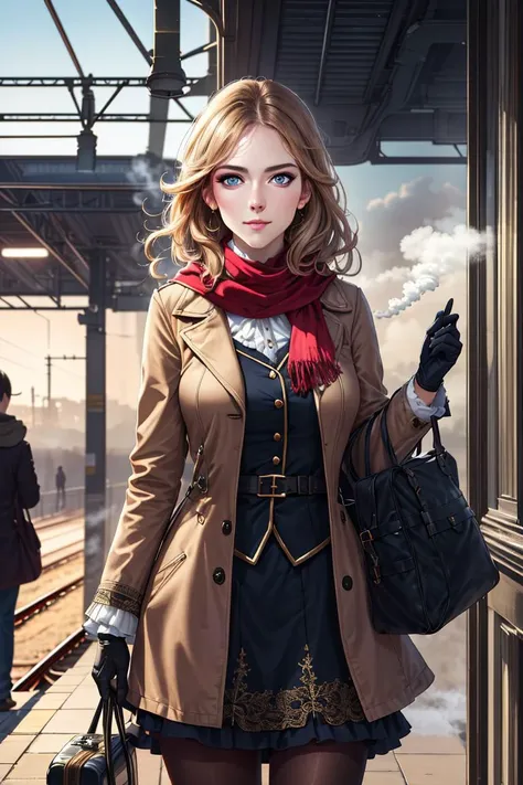 tcg artwork,[trading card game art], realism, perfect rendered face,((best quality)), ((masterpiece)), ((realistic)), (detailed),[hermione granger:minerva mcgonagall:0.5] rim light, vivid, 1girl, in a victorian dress , (((shiny eyes, shiny skin))),detailed face, travelbags, scarf, toned legs, large breasts, elbowlength gloves, train station in background, fog, steam , (detailed) ,((best quality)), ((masterpiece)), ((realistic)), (detailed),pixiv contest winner, absurdres, 15 mm, 15mm, <lora:Nova-000003:0.6>,