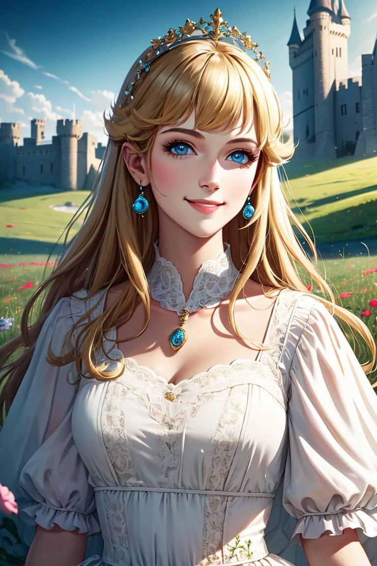 nova<lora:Nova-000003:0.5>,princessPeach <lora:princessPeachCharacter_v10:0.5>,a, cute, smile,blonde hair,
masterpiece, castle background, grassy fields, flowers, medium closeup, walking, realistic, detailed, collar, cinematic lighting,