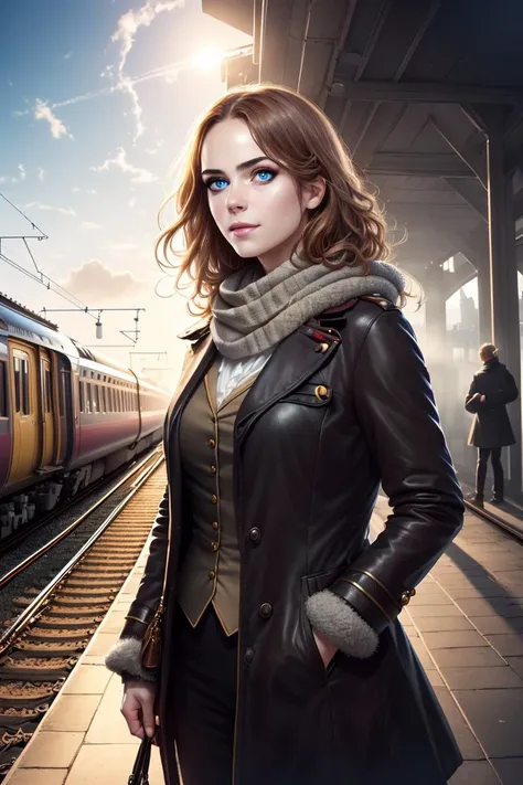 tcg artwork,[trading card game art], realism, perfect rendered face,((best quality)), ((masterpiece)), ((realistic)), (detailed),[hermione granger:minerva mcgonagall:0.5] rim light, vivid, 1girl, in a victorian dress , (((shiny eyes, shiny skin))),detailed face, travelbags, scarf, toned legs, large breasts, elbowlength gloves, train station in background, fog, steam , (detailed) ,((best quality)), ((masterpiece)), ((realistic)), (detailed),pixiv contest winner, absurdres, 15 mm, <lora:Nova-000003:0.6>,