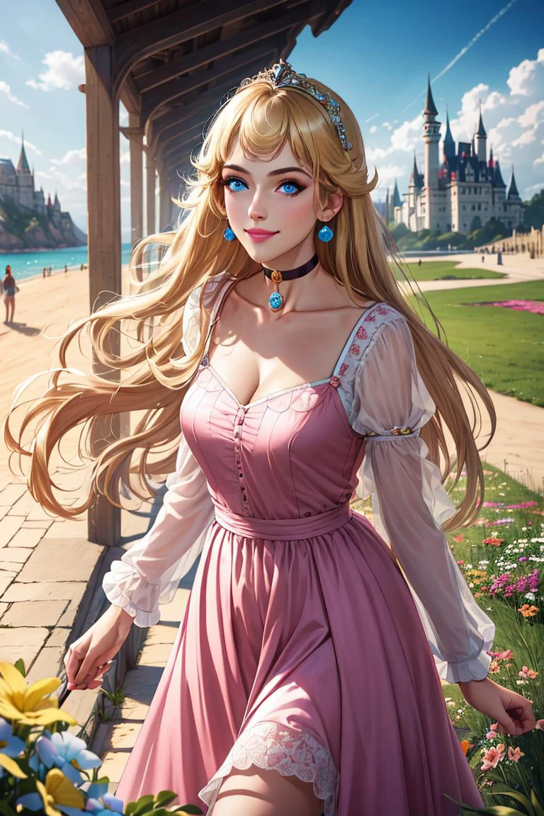 nova<lora:Nova-000003:0.5>,princessPeach <lora:princessPeachCharacter_v10:0.5>,a, cute, smile,blonde hair, (Pink Dress:1.2), choker, detailled eyes, blue eyes, choker, sensual, Beach boardwalk, pink lips, ((glossy lips)), pursed lips, pink pumps, glossy skin, oily skin, beautiful light, (day:1.3), bright,
masterpiece, castle background, grassy fields, flowers, medium closeup, walking, realistic, detailed, collar, cinematic lighting,
