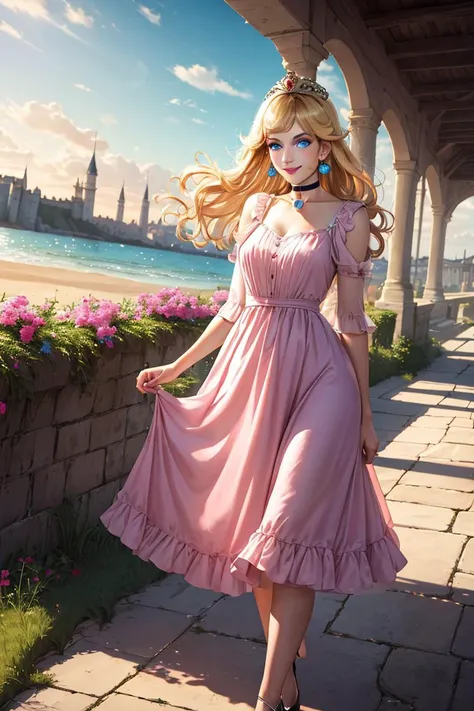 nova<lora:Nova-000003:0.5>,princessPeach <lora:princessPeachCharacter_v10:0.5>,infanta, cute, smile,blonde hair, (Pink Dress:1.2), choker, detailled eyes, blue eyes, choker, sensual, Beach boardwalk, pink lips, ((glossy lips)), pursed lips, pink pumps, glossy skin, oily skin, beautiful light, (day:1.3), bright,
masterpiece, castle background, grassy fields, flowers, medium closeup, walking, realistic, detailed, collar, cinematic lighting,