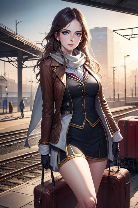tcg artwork,[trading card game art], realism, perfect rendered face,((best quality)), ((masterpiece)), ((realistic)), (detailed),[hermione granger:minerva mcgonagall:0.5] rim light, vivid, 1girl, in a victorian dress , (((shiny eyes, shiny skin))),detailed face, travelbags, scarf, toned legs, large breasts, elbowlength gloves, train station in background, fog, steam , (detailed) ,((best quality)), ((masterpiece)), ((realistic)), (detailed),pixiv contest winner, absurdres, 15 mm, 15mm, <lora:Nova-000003:0.6>,