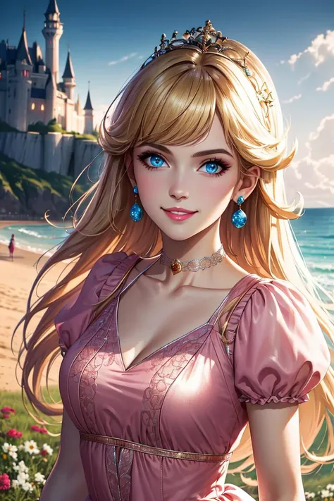 nova<lora:Nova-000003:0.5>,princessPeach <lora:princessPeachCharacter_v10:0.5>,infanta, cute, smile,blonde hair, (Pink Dress:1.2), choker, detailled eyes, blue eyes, choker, sensual, Beach boardwalk, pink lips, ((glossy lips)), pursed lips, pink pumps, glossy skin, oily skin, beautiful light, (day:1.3), bright,
masterpiece, castle background, grassy fields, flowers, medium closeup, walking, realistic, detailed, collar, cinematic lighting,