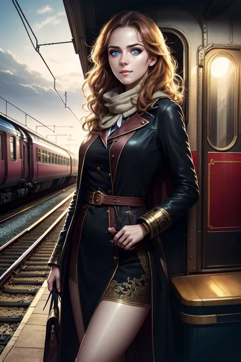 tcg artwork,[trading card game art], realism, perfect rendered face,((best quality)), ((masterpiece)), ((realistic)), (detailed),[hermione granger:minerva mcgonagall:0.5] rim light, vivid, 1girl, in a victorian dress , (((shiny eyes, shiny skin))),detailed face, travelbags, scarf, toned legs, large breasts, elbowlength gloves, train station in background, fog, steam , (detailed) ,((best quality)), ((masterpiece)), ((realistic)), (detailed),pixiv contest winner, absurdres, 15 mm, <lora:Nova-000003:0.6>,