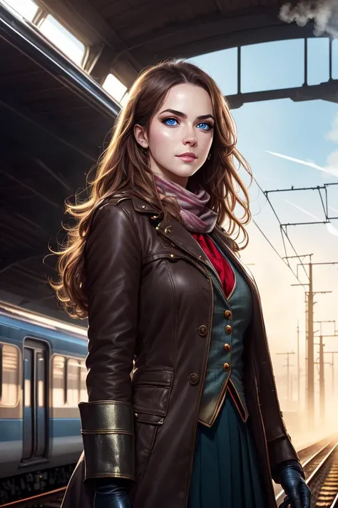 tcg artwork,[trading card game art], realism, perfect rendered face,((best quality)), ((masterpiece)), ((realistic)), (detailed),[hermione granger:minerva mcgonagall:0.5] rim light, vivid, 1girl, in a victorian dress , (((shiny eyes, shiny skin))),detailed face, travelbags, scarf, toned legs, large breasts, elbowlength gloves, train station in background, fog, steam , (detailed) ,((best quality)), ((masterpiece)), ((realistic)), (detailed),pixiv contest winner, absurdres, 15 mm, <lora:Nova-000003:0.6>,