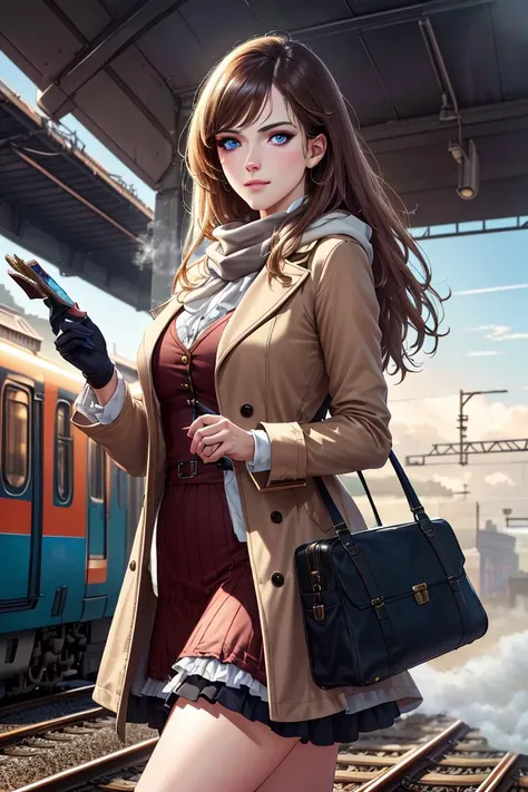 tcg artwork,[trading card game art], realism, perfect rendered face,((best quality)), ((masterpiece)), ((realistic)), (detailed),[hermione granger:minerva mcgonagall:0.5] rim light, vivid, 1girl, in a victorian dress , (((shiny eyes, shiny skin))),detailed face, travelbags, scarf, toned legs, large breasts, elbowlength gloves, train station in background, fog, steam , (detailed) ,((best quality)), ((masterpiece)), ((realistic)), (detailed),pixiv contest winner, absurdres, 15 mm, 15mm, <lora:Nova-000003:0.6>,