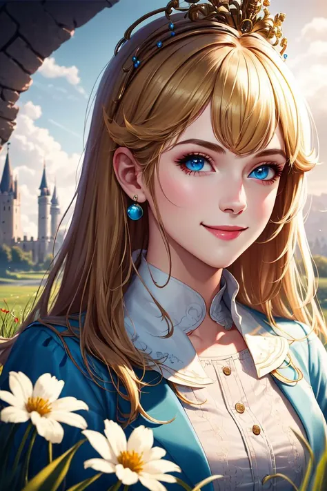nova<lora:Nova-000003:0.5>,princessPeach <lora:princessPeachCharacter_v10:0.5>,infanta, cute, smile,blonde hair,
masterpiece, castle background, grassy fields, flowers, medium closeup, walking, realistic, detailed, collar, cinematic lighting,
