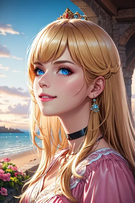 nova<lora:Nova-000003:0.5>,princessPeach <lora:princessPeachCharacter_v10:0.5>,infanta, cute, smile,blonde hair, (Pink Dress:1.2), choker, detailled eyes, blue eyes, choker, sensual, Beach boardwalk, pink lips, ((glossy lips)), pursed lips, pink pumps, glossy skin, oily skin, beautiful light, (day:1.3), bright,
masterpiece, castle background, grassy fields, flowers, medium closeup, walking, realistic, detailed, collar, cinematic lighting,