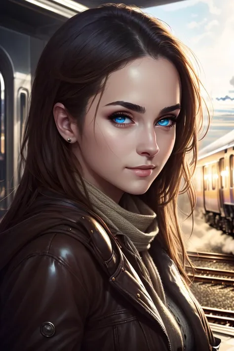tcg artwork,[trading card game art], realism, perfect rendered face,((best quality)), ((masterpiece)), ((realistic)), (detailed),[hermione granger:minerva mcgonagall:0.5] rim light, vivid, 1girl, in a victorian dress , (((shiny eyes, shiny skin))),detailed face, travelbags, scarf, toned legs, large breasts, elbowlength gloves, train station in background, fog, steam , (detailed) ,((best quality)), ((masterpiece)), ((realistic)), (detailed),pixiv contest winner, absurdres, 15 mm, <lora:Nova-000003:0.6>,