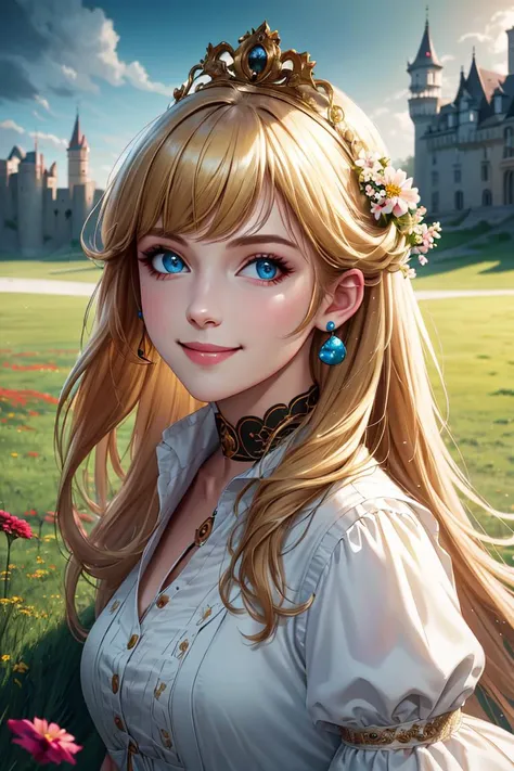 nova<lora:Nova-000003:0.5>,princessPeach <lora:princessPeachCharacter_v10:0.5>,a, cute, smile,blonde hair,
masterpiece, castle background, grassy fields, flowers, medium closeup, walking, realistic, detailed, collar, cinematic lighting,