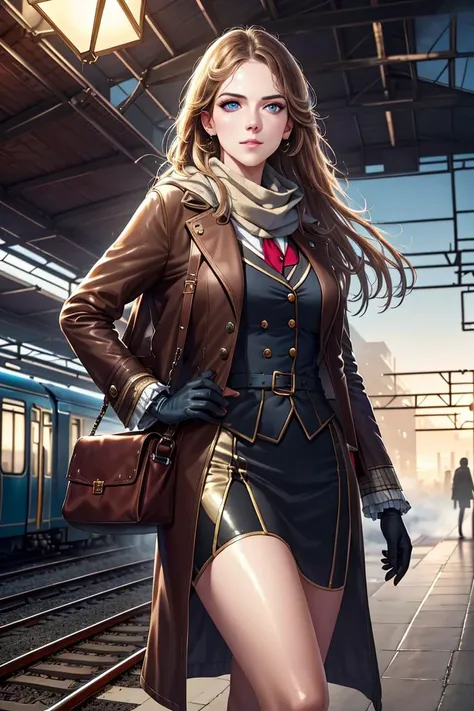 tcg artwork,[trading card game art], realism, perfect rendered face,((best quality)), ((masterpiece)), ((realistic)), (detailed),[hermione granger:minerva mcgonagall:0.5] rim light, vivid, 1girl, in a victorian dress , (((shiny eyes, shiny skin))),detailed face, travelbags, scarf, toned legs, large breasts, elbowlength gloves, train station in background, fog, steam , (detailed) ,((best quality)), ((masterpiece)), ((realistic)), (detailed),pixiv contest winner, absurdres, 15 mm, 15mm, <lora:Nova-000003:0.6>,