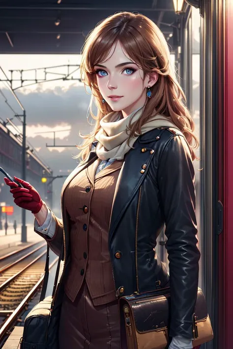 tcg artwork,[trading card game art], realism, perfect rendered face,((best quality)), ((masterpiece)), ((realistic)), (detailed),[hermione granger:minerva mcgonagall:0.5] rim light, vivid, 1girl, in a victorian dress , (((shiny eyes, shiny skin))),detailed face, travelbags, scarf, toned legs, large breasts, elbowlength gloves, train station in background, fog, steam , (detailed) ,((best quality)), ((masterpiece)), ((realistic)), (detailed),pixiv contest winner, absurdres, 15 mm, 15mm, <lora:Nova-000003:0.6>,