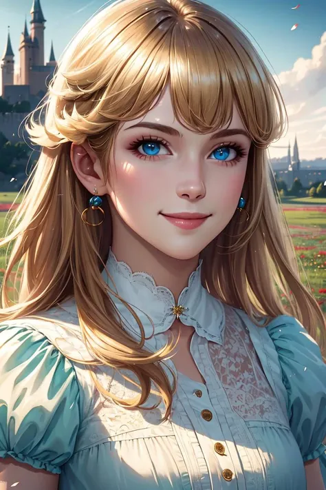 nova<lora:Nova-000003:0.5>,princessPeach <lora:princessPeachCharacter_v10:0.5>,infanta, cute, smile,blonde hair,
masterpiece, castle background, grassy fields, flowers, medium closeup, walking, realistic, detailed, collar, cinematic lighting,